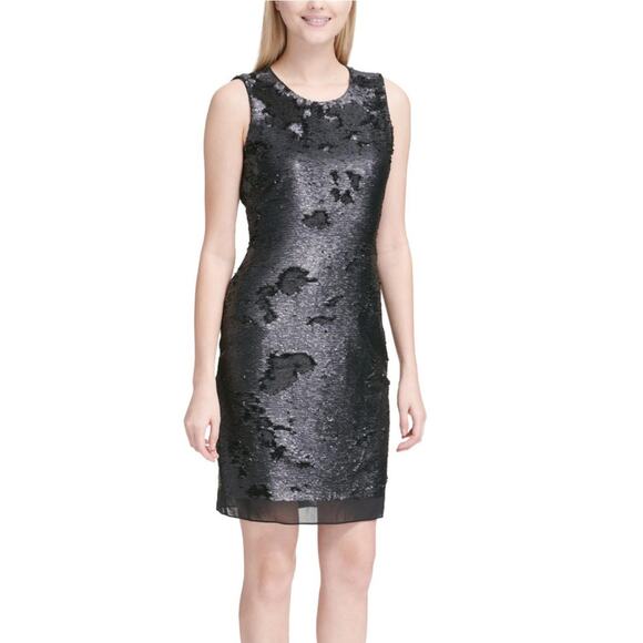 Calvin Klein | Black Sequin Sleeveless Knee Length Sheath Cocktail Dress - Picture 1 of 11
